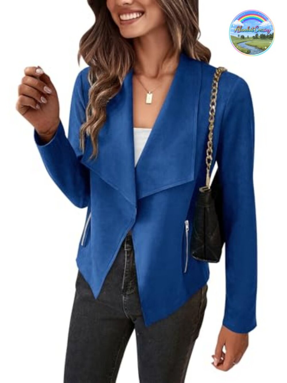 Faux Suede Cropped Jacket Waterfall Collar Open Front Womens Coat